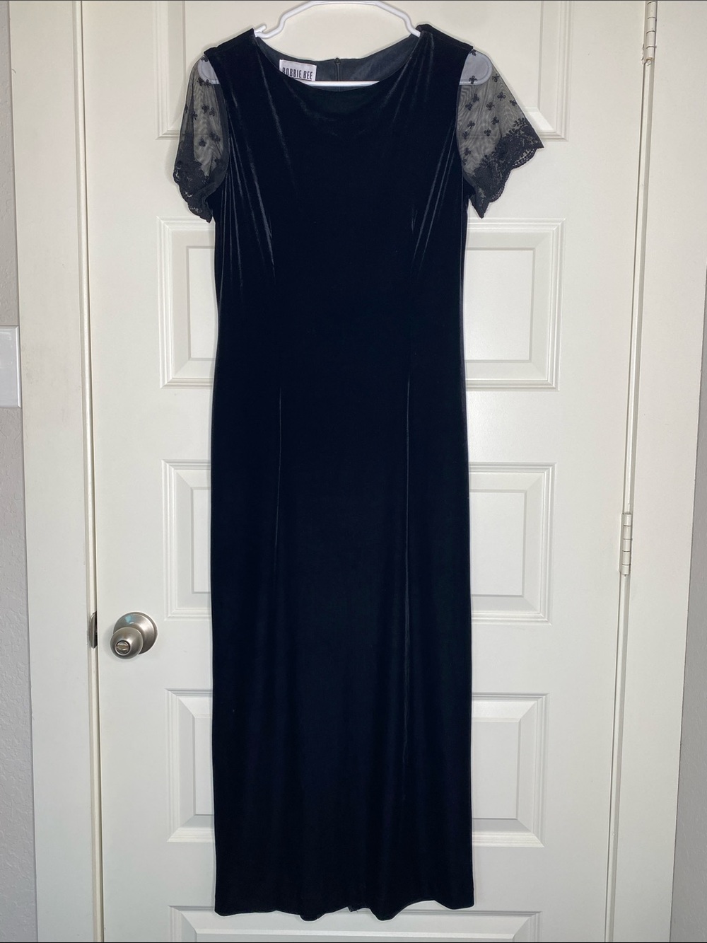 Robbie Bee Black Velvet Maxi Dress with Sheer Star-Embroidered Sleeves